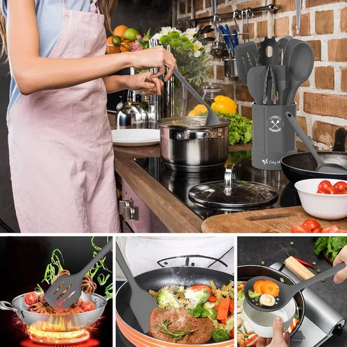 Miniatura 4 de Deedro - Juego de utensilios de cocina de silicona, 16 piezas de utensilios de cocina de silicona, resistentes al calor, con soporte, espátula Gris