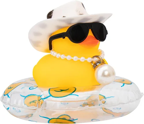 Miniatura 25 de wonuu Pato de Goma para Automóvil, Decoración de Pato Amarillo para Tablero con Sombrero de Sol, Anillo de Natación, Collar, Gafas de Sol