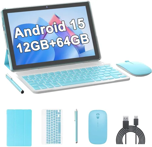 Tableta Android 15 de 10 pulgadas (NO GO) Tabletas con teclado 64GB ROM+12GB RAM (expansión 4+8) Soporta expansión de 1TB 2MP+8MP Cámara dual Azul