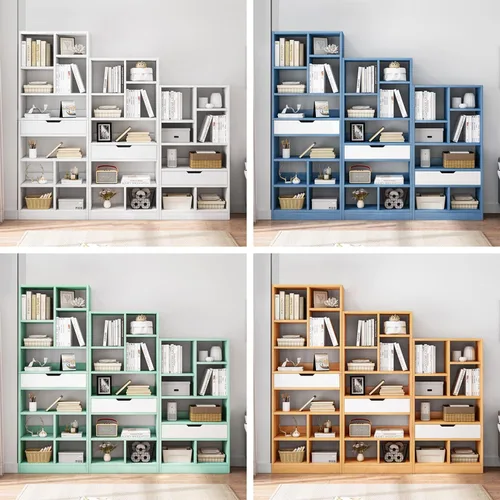 Miniatura 7 de IOTXY - Estantería de madera con espacios abiertos, 51" de altura, organizador de almacenamiento con 7 cubos y un cajón, estante de piso, color azul