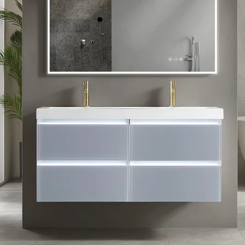 Miniatura 16 de Blossom Tocador de baño LED de 24 pulgadas – Tocador flotante montado en la pared con luces – 100% impermeable PVC de grado marino – Moderno