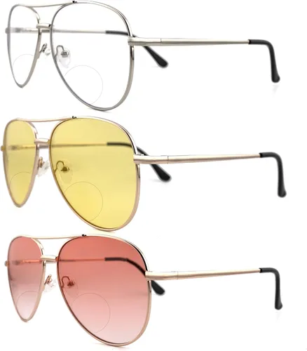 Miniatura 7 de Paquete de 3 Gafas de Lectura Bifocales para Mujeres y Hombres, Gafas Lectoras Bifocales de Aviador, Lentes de Doble Foco +2.0 3 pares: oro + plata