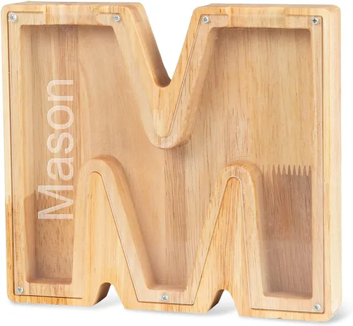 Miniatura 9 de Alcancía con nombre personalizado, 26 letras láser con texto personalizado, banco de monedas de madera, significado educativo, alcancía con nombre