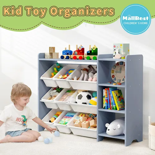 Miniatura 4 de MallBest Estante organizador de almacenamiento de juguetes para niños de 4 niveles, 100% madera maciza, armario de almacenamiento para niños con 9