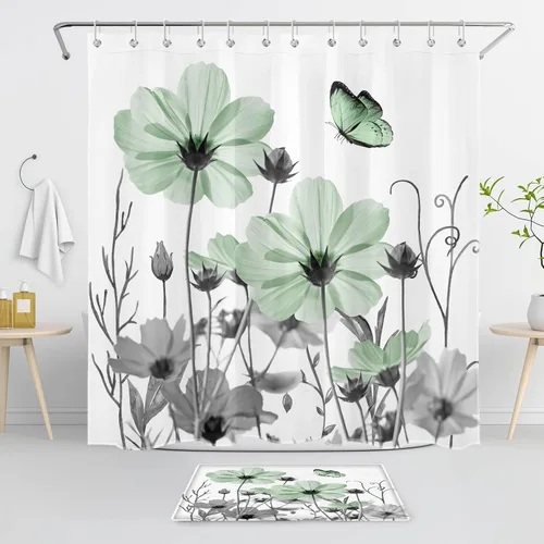 Miniatura 37 de LB Juego de cortinas de ducha de mariposa y flores con alfombras, margaritas y morado lavanda, hojas de eucalipto, cortina de ducha verde