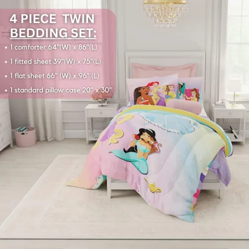 Miniatura 5 de Franco Juego de sábanas y edredón súper suave para niños, 4 piezas, tamaño individual, princesa Disney Ariel, la Sirenita