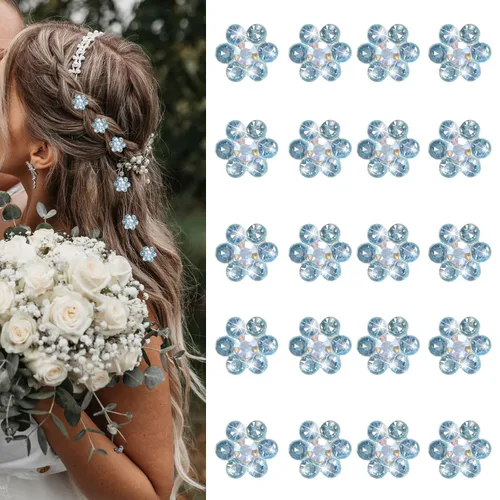YISSION 20 pinzas para el pelo con flores de diamantes de imitación, lindas horquillas azules pequeñas decorativas para el pelo de boda, pasadores