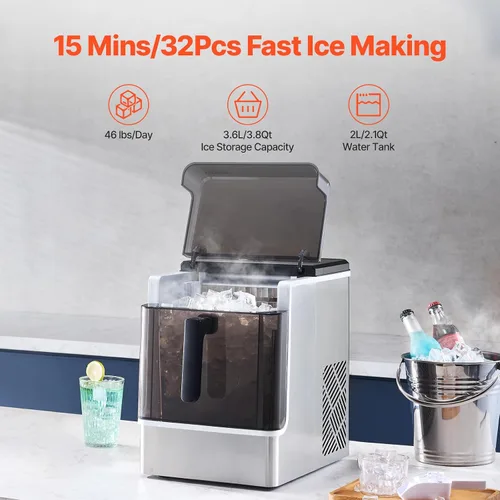 Miniatura 3 de VEVOR Máquina de hielo para encimera, 32 cubos listos en 15 minutos, 46 libras en 24 horas, máquina de hielo portátil autolimpiante con conveniente
