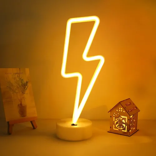 ENUOLI Letreros de neón con rayo LED, luces de neón decorativas de color blanco cálido con base para interior, luces de noche operadas por batería y