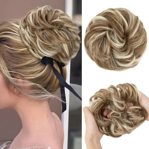 Miniatura 16 de CJL HAIR Extensiones de cabello sintético de moño desordenado, ondulado, rizado, grueso, para coleta, para mujer (rubio blanco)
