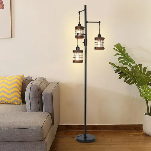 Miniatura 8 de Lámparas de pie regulables para sala de estar, lámpara de pie industrial de 3 luces con jaula de madera y metal, lámpara de pie de granja lámpara