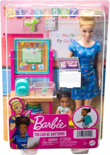Miniatura 6 de Barbie Juego de carreras, profesora de escuela con muñeca rubia de moda, muñeca estudiante pequeña morena, pizarra giratoria, escritorio y más