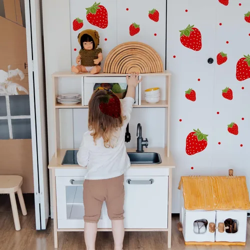 Miniatura 6 de 4 hojas/92 calcomanías de pared de fresa, calcomanías de pared de frutas extraíbles para dormitorio de niñas, dormitorio, comedor, cocina, baño