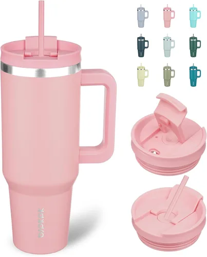 BJPKPK - Vasos con aislamiento térmico, con asa y pajilla, vasos térmicos de acero inoxidable de 40 onzas con tapa, color rosado claro Rosa claro