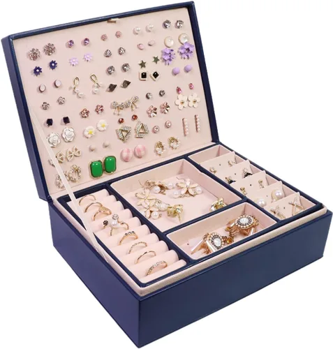 Miniatura 2 de Caja organizadora de joyas cajas de joyería grandes de piel sintética collares anillos aretes organizador de almacenamiento pantalla de doble capa