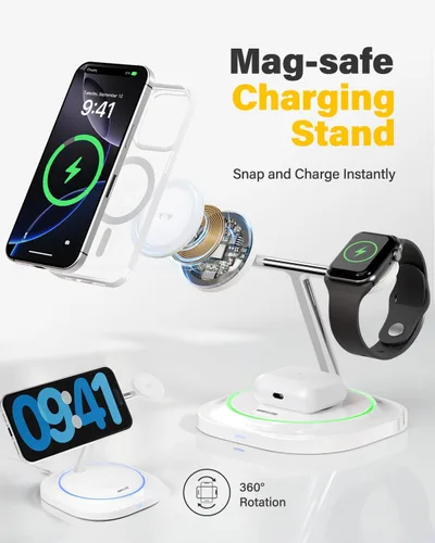 Miniatura 4 de Cargador inalámbrico magnético 3 en 1 para Apple estación de carga rápida compatible con MagSafe para iPhone 17-12, Apple Watch y AirPods, soporte