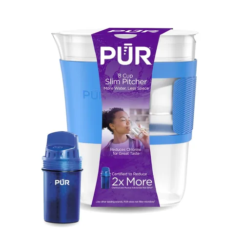 PUR Jarra delgada con filtro de agua, capacidad de 8 tazas, diseño compacto para dormitorios y mini refrigeradores, apta para lavavajillas, Azul