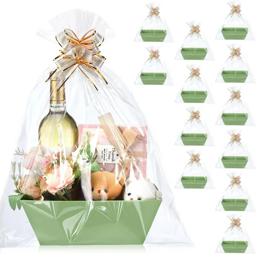Miniatura 13 de Thenshop 44 Piezas Canasta para Regalos Canasta de Regalo Vacía a Granel Incluye 12 Bandejas de Cartón 12 Bolsas de Plástico y 20 Lazos Decorativos