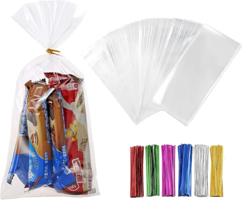 LISM 400 bolsas transparentes de celofán de plástico duradero de 4 x 9 pulgadas de grosor con lazos de torsión coloridos, embalaje de panadería,