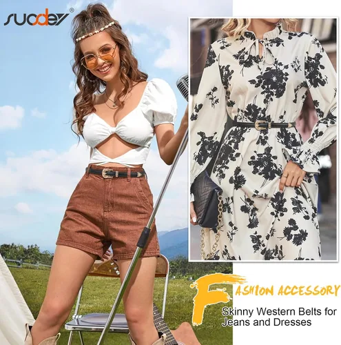 Miniatura 32 de SUOSDEY Cinturones ajustados occidentales de moda para mujer, cinturón de cuero ajustable para vestidos con hebilla vintage