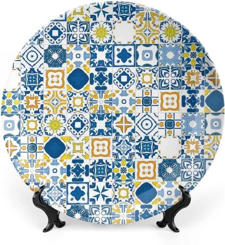 XISUNYA Plato decorativo de 6 pulgadas, porcelana redonda amarilla y azul, mosaico arabesco, adorno decorativo para decoración de cenas, fiestas,