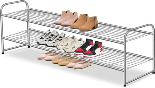 Miniatura 17 de AOODA Zapatero largo de 2 niveles para armario, organizador de almacenamiento de zapatos apilable de metal para entrada, dormitorio, piso, 18 pares
