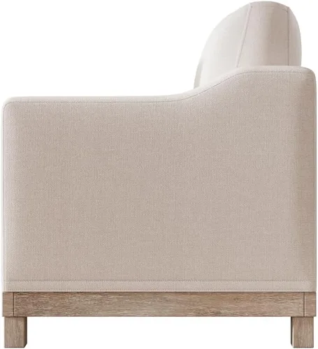 Miniatura 7 de Sillón moderno de lino/silla de acento/sofá individual con base de madera de goma para sala de estar, dormitorio, apartamento, oficina, color beige