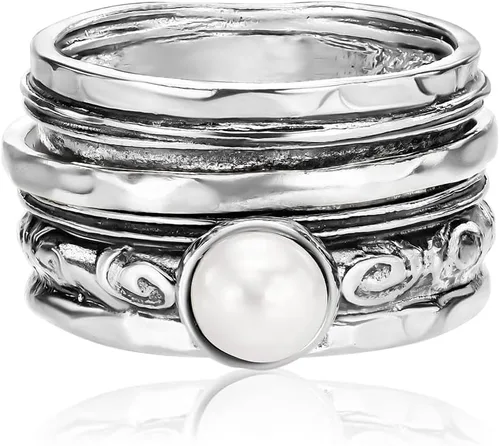 Miniatura 3 de 925 Sterling Silver14K Gold Plated Silver Spinner Ring Unisex, Bold Hammered BeadedFreshwater Pearl Floral Etched and Hammered, Oxidized