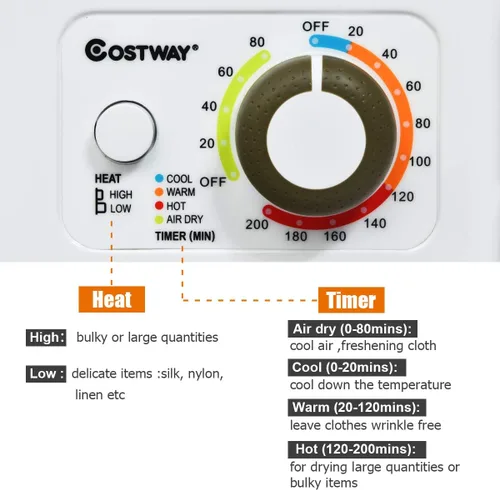 Miniatura 3 de COSTWAY - Secadora de ropa compacta, secadora eléctrica portátil de 110V con tambor de acero inoxidable, panel de control en la parte inferior