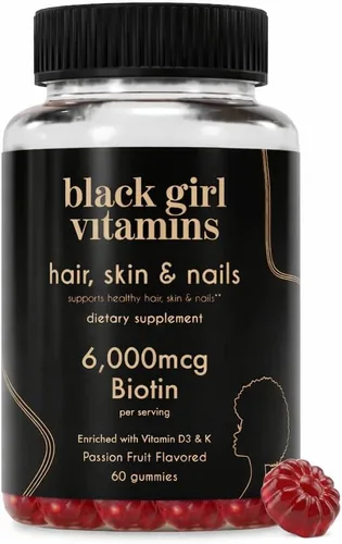 Black Girl Vitamins - Gomitas para el cabello, la piel y las uñas con biotina (6000 mcg), zinc, sin gelatina, vitamina A y vitamina E - Sin gluten.