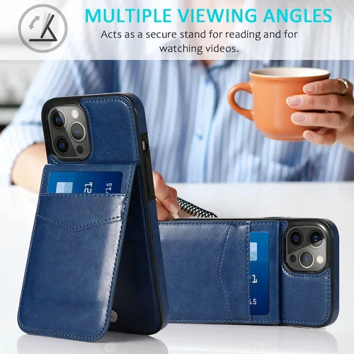 Miniatura 2 de Funda tipo cartera para iPhone 13 Pro Max con tarjetero para mujeres y hombres, de piel sintética, para iPhone 13 Pro Max de 6.7 pulgadas (azul)