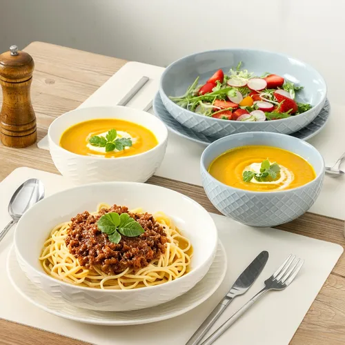 Miniatura 4 de HASENSE Tazones de cerámica para pasta, 42 onzas, juego de 4, cuencos grandes para servir, platos de cerámica en relieve anchos y poco profundos