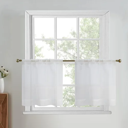 July Joy Cortinas traslúcidas con textura de niveles blancos para cocina, cortinas semitransparentes con bolsillo para barra, cortinas pequeñas para