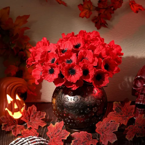Miniatura 3 de Censen 84 piezas de flores artificiales de amapola roja de poliuretano realistas de seda de 11 pulgadas, tallos de amapola y anémona, flores falsas