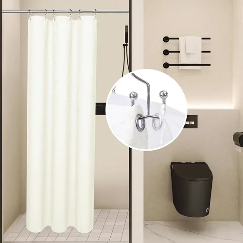 Miniatura 20 de LaCyan Cortina de ducha impermeable de punto gofre, juego de 3 piezas resistente de 258 GSM con forro transparente y 12 ganchos de acero inoxidable