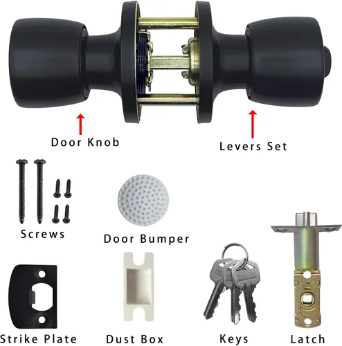 Miniatura 2 de JO.KO Pomo de puerta con cerradura y llave, cerradura de bola redonda mate negra para puerta interior/exterior para dormitorio o baño/manija