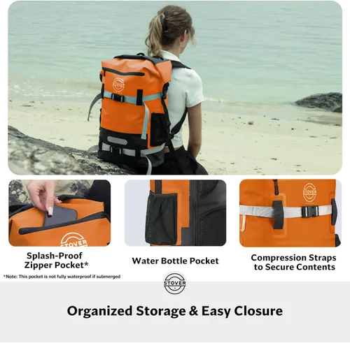 Miniatura 7 de STOVER 5/10/25/30/40/55L Waterproof Dry Bag- Roll-Top Backpack w/Phone Case- Kayaking, Hiking, Camping, Boating- Men/Women 40L Naranja