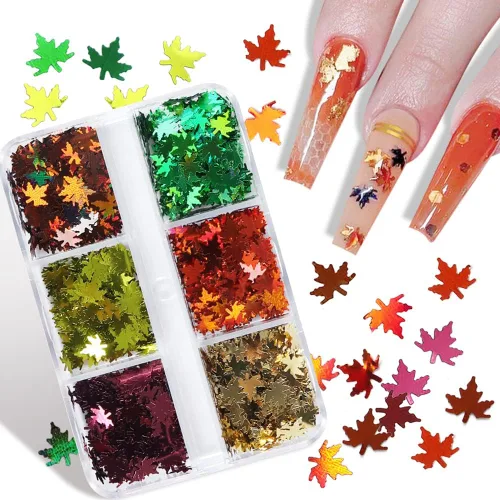 Miniatura 4 de Lentejuelas de uñas con purpurina de otoño, hojas de arce, copos de purpurina holográfica, hojas de arce holográficas, purpurina para uñas, diseño