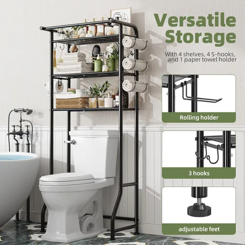 Miniatura 4 de Simple Trending Sobre el gabinete de almacenamiento del inodoro, organizador de estante de baño de metal con soporte para papel y ganchos, 3 Negro