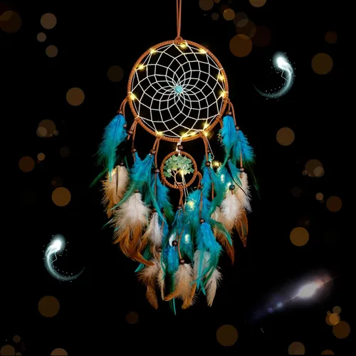 Miniatura 5 de Atrapasueños Árbol de la Vida Azul con Plumas, Luces de Hadas LED Móviles Hechas a Mano Tradición India Red Circular para Decoración Colgante