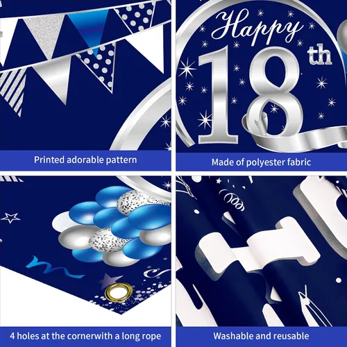 Miniatura 6 de Cartel de cumpleaños número 18 azul y plateado para hombres y niños, suministros de fiesta de telón de fondo de feliz cumpleaños de 18 años, póster