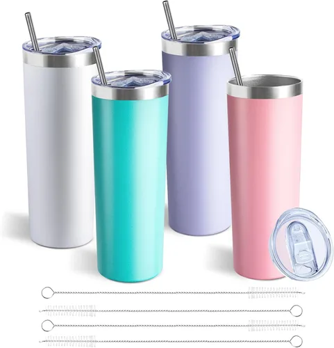 Miniatura 30 de Vaso delgado de 20 onzas con tapa y pajita, vaso de acero inoxidable aislado al vacío, taza de café de doble pared a prueba de fugas, vaso térmico