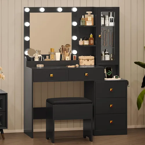 Miniatura 3 de Escritorio de tocador con espejo y luces, tocador de maquillaje negro con 5 cajones, organizador de joyas oculto y gabinete de cristal LED, 3 modos