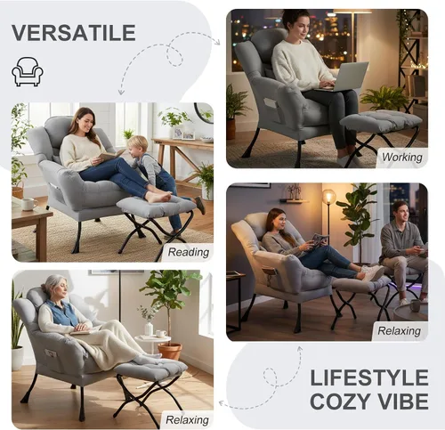 Miniatura 5 de Furlide Silla Lazy con otomana, moderna silla de estar con almohada lumbar, sillón de lectura acogedor y reposapiés plegable para dormitorio, sala
