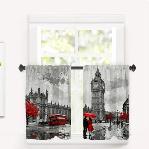 Miniatura 53 de Cortinas opacas de cocina con pintura al óleo de Europa rosa y negra para ventanas, cenefas opacas modernas de torre Eiffel de poliéster multicapa