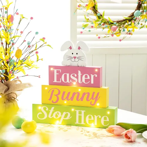 Miniatura 3 de Glitzhome Letrero de mesa de madera con luz LED, diseño de conejito de Pascua con texto para primavera, suministros de fiesta de Pascua