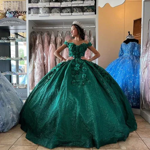Miniatura 5 de Youjiayi Vestidos de quinceañera florales 3D para mujer, vestidos largos de tul hinchados, vestidos de baile de graduación con hombros descubiertos