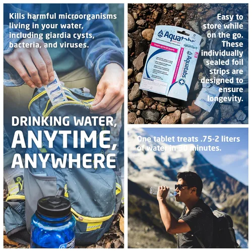Miniatura 2 de Aquatabs Tabletas de purificación de agua de 49 mg (paquete de 30). Purificador de agua portátil para artículos esenciales de campamento,