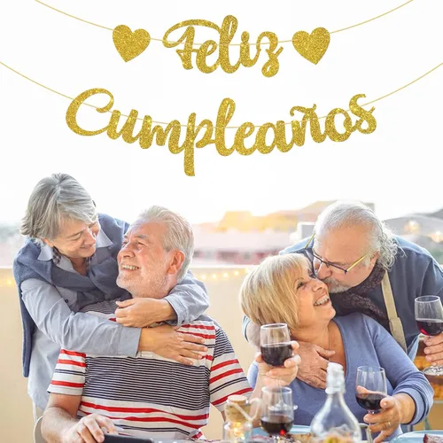 Miniatura 7 de WeBenison Cartel de Feliz Cumpleaños con temática de fiesta de feliz cumpleaños/decoraciones de fiesta de cumpleaños en español, purpurina dorada