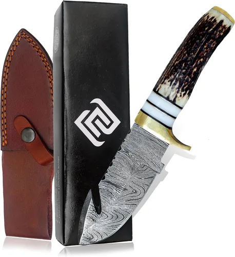 Cuchillo de gancho de caza hecho a mano con mango de asta de ciervo y funda de cuero, perfecto para caza, desollar y aventuras al aire libre